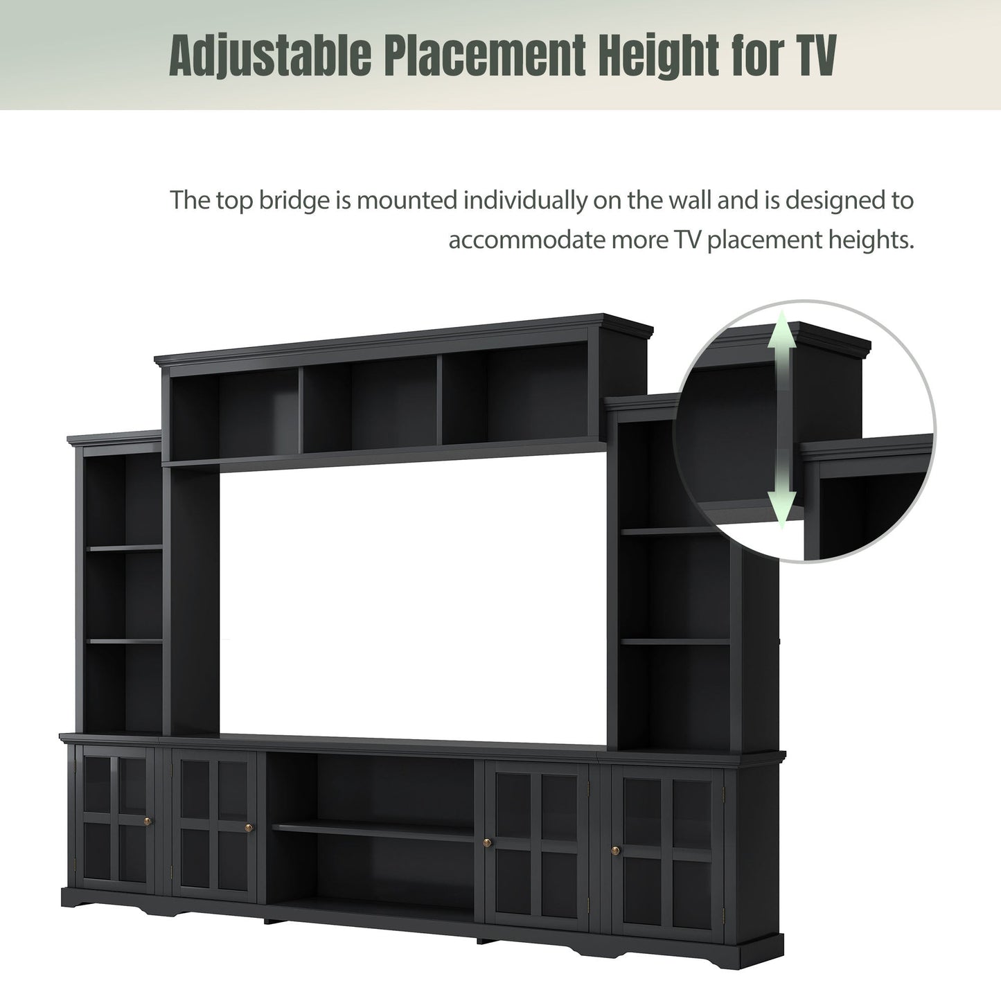 [VIDEO provided] ON-TREND Minimalism Entertainment Wall Unit with Bridge, Modern TV Console Table for TVs Up to 70', Multifunctional TV Stand with Tempered Glass Door, Black (Old SKU: SD000009AAB)