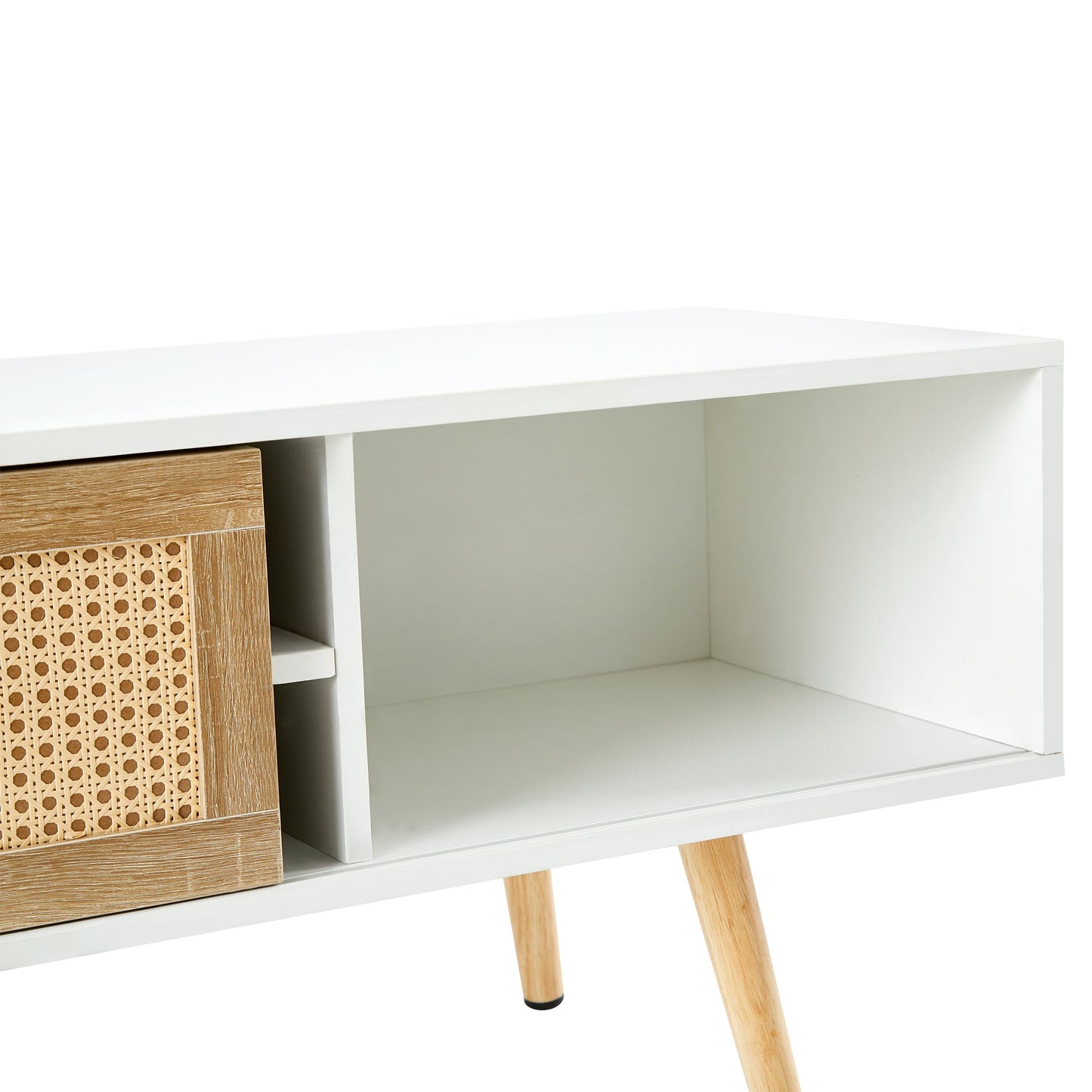 Modern Rattan TV Cabinet with Double Sliding Doors, Adjustable Shelf, Solid Wood Legs, White, 55.12 inches