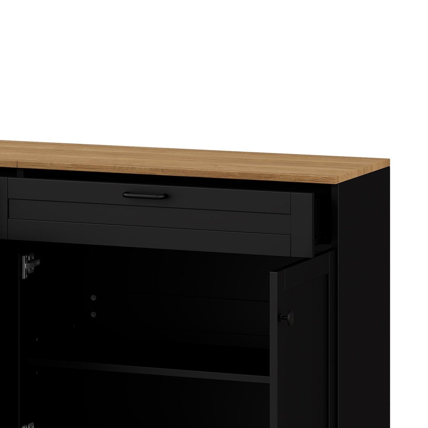 ON-TREND Farmhouse TV Stand with 2 Drawers for TVs Up to 70', Versatile Wood Grain Sideboard with Adjustable Shelves, Mid-Century Buffet Cabinet with Rustic Handles for Living Room/Bedroom, Black