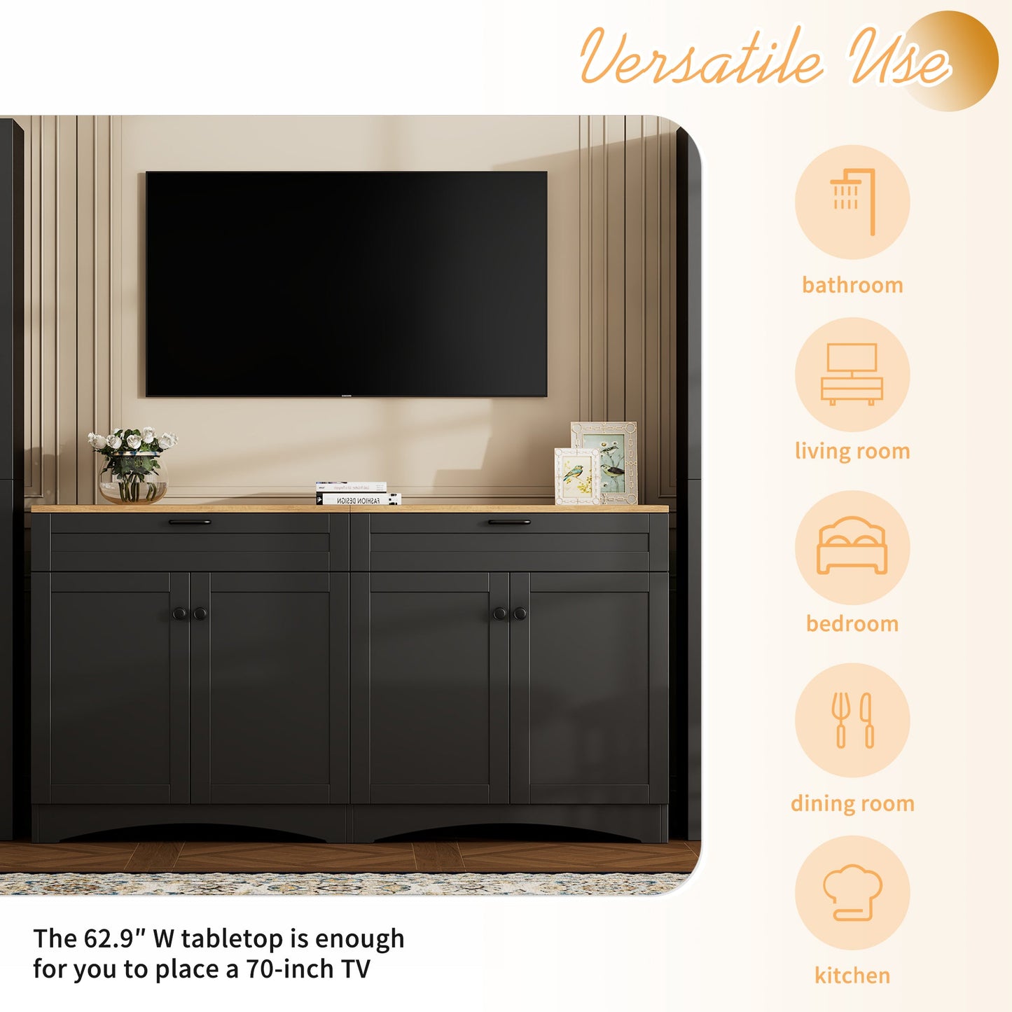 ON-TREND Farmhouse TV Stand with 2 Drawers for TVs Up to 70', Versatile Wood Grain Sideboard with Adjustable Shelves, Mid-Century Buffet Cabinet with Rustic Handles for Living Room/Bedroom, Black
