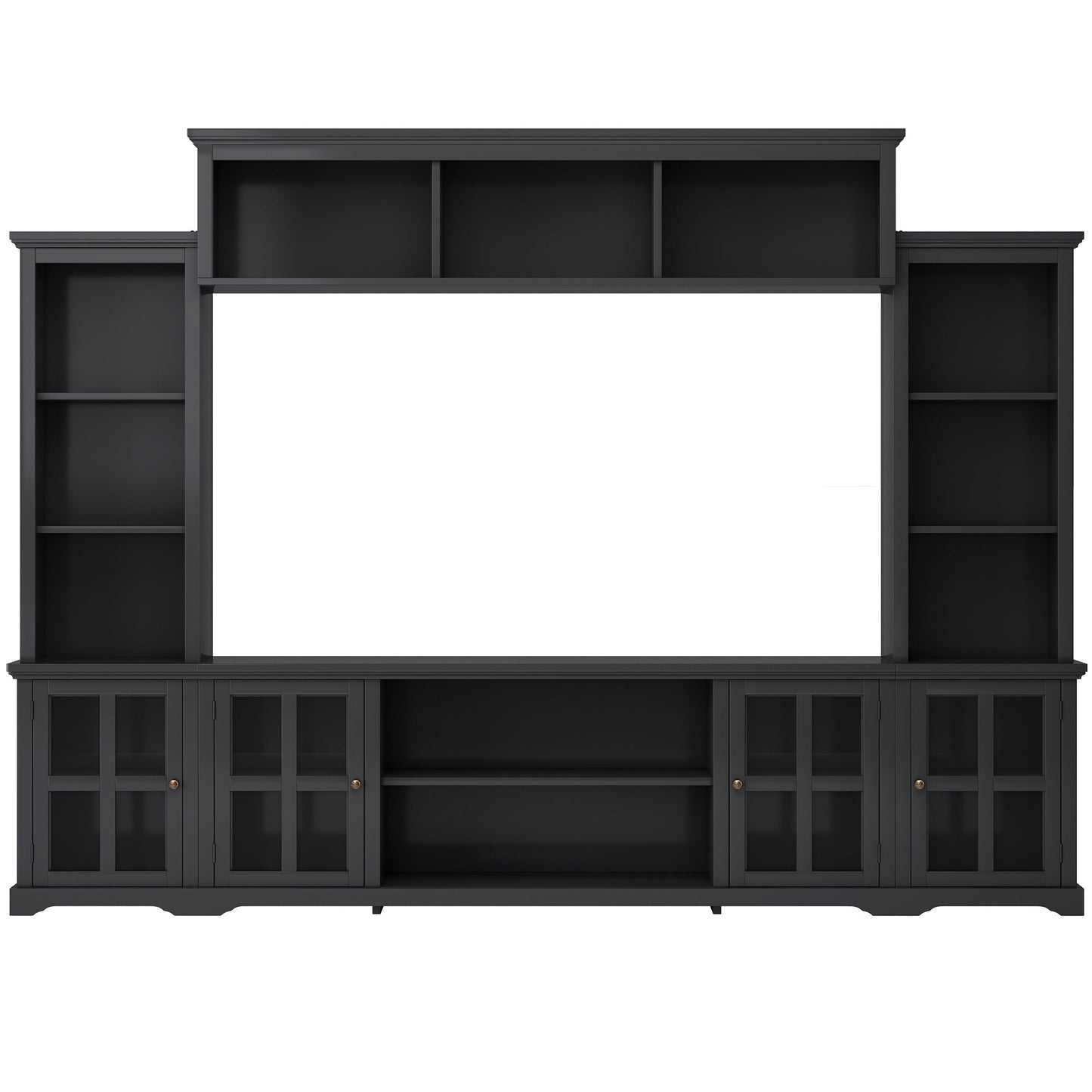 [VIDEO provided] ON-TREND Minimalism Entertainment Wall Unit with Bridge, Modern TV Console Table for TVs Up to 70', Multifunctional TV Stand with Tempered Glass Door, Black (Old SKU: SD000009AAB)