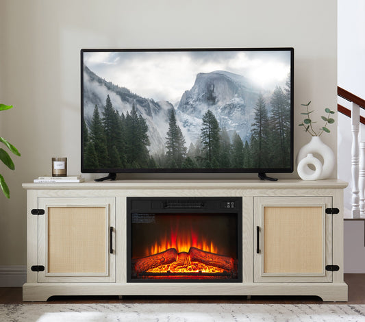 Natural Rattan Door Cabinet with Adjustable Shelf Wood, Farmhouse Rattan TV Stand Console Table for TVs up to 70 Inches, Storage tv stand with 23' fireplace insert, 65'W*15.55'D*23.86'H, White