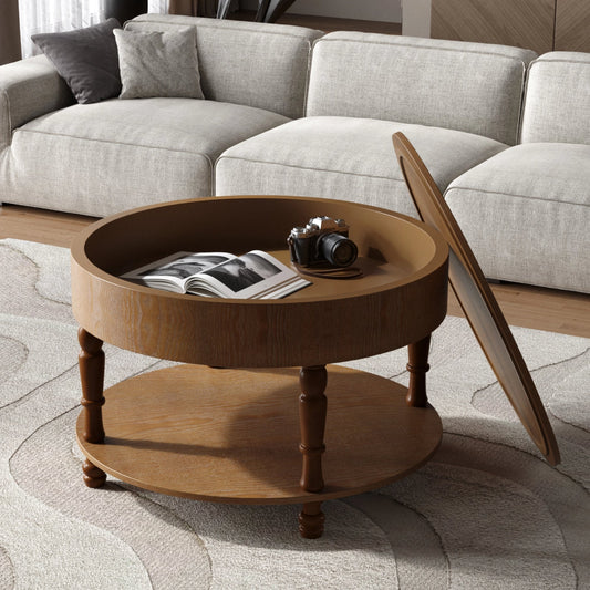 Coffee Table with Dual Storage for Living Room, 31.5' Modern Round Coffee Table with Storage and Hidden Compartment, Adjustable Leveling Feet, Easy Assembly (Walnut)