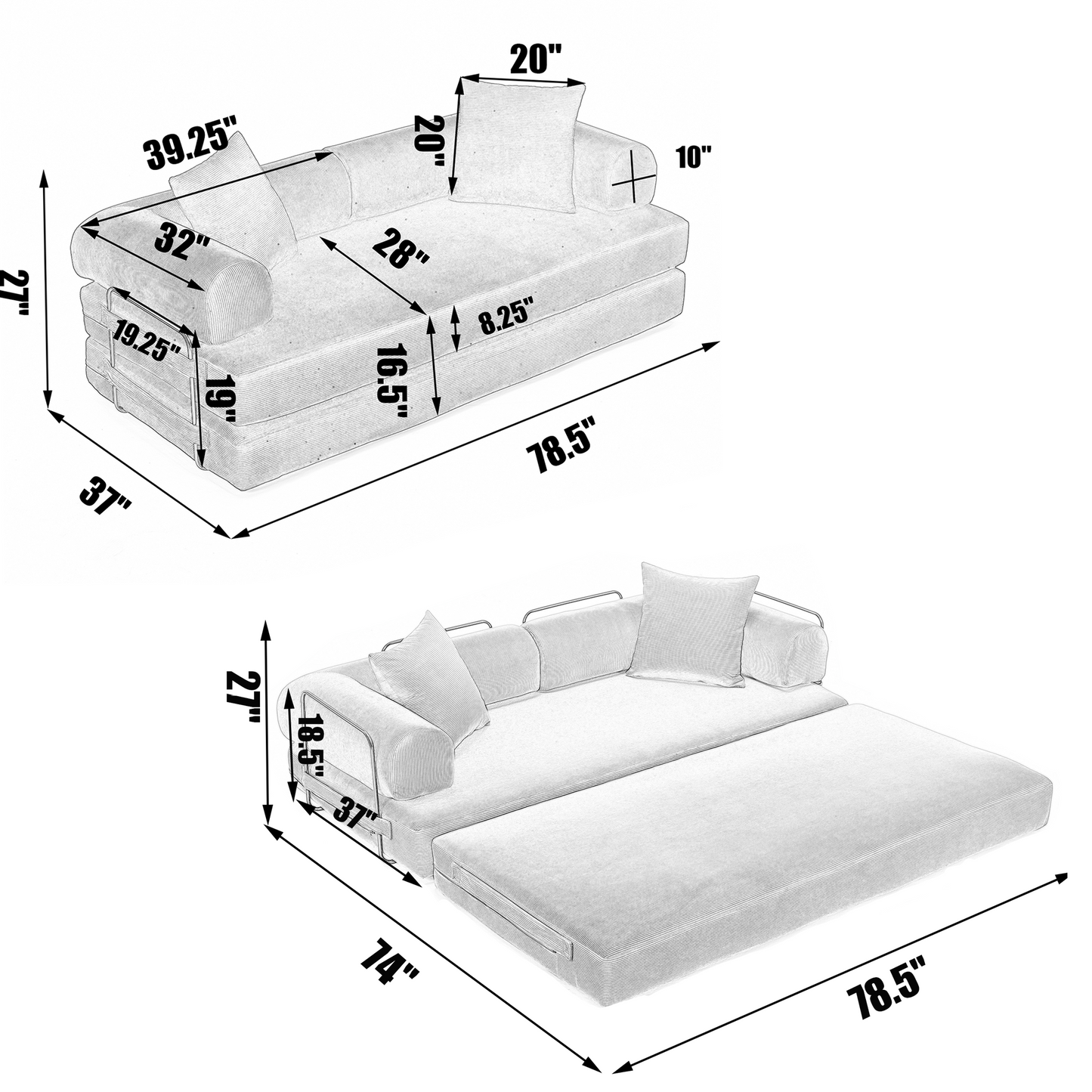 [NEW ARRIVED] [VIDEO PROVIDED] 78.5' Folding Convertible Out Sleeper Sofa Bed,4-in-1 DIY Combination Convertible Sofa,3 seat, Folding Sofa, King Size , Bedroom,Apartment,Corduroy,Blue