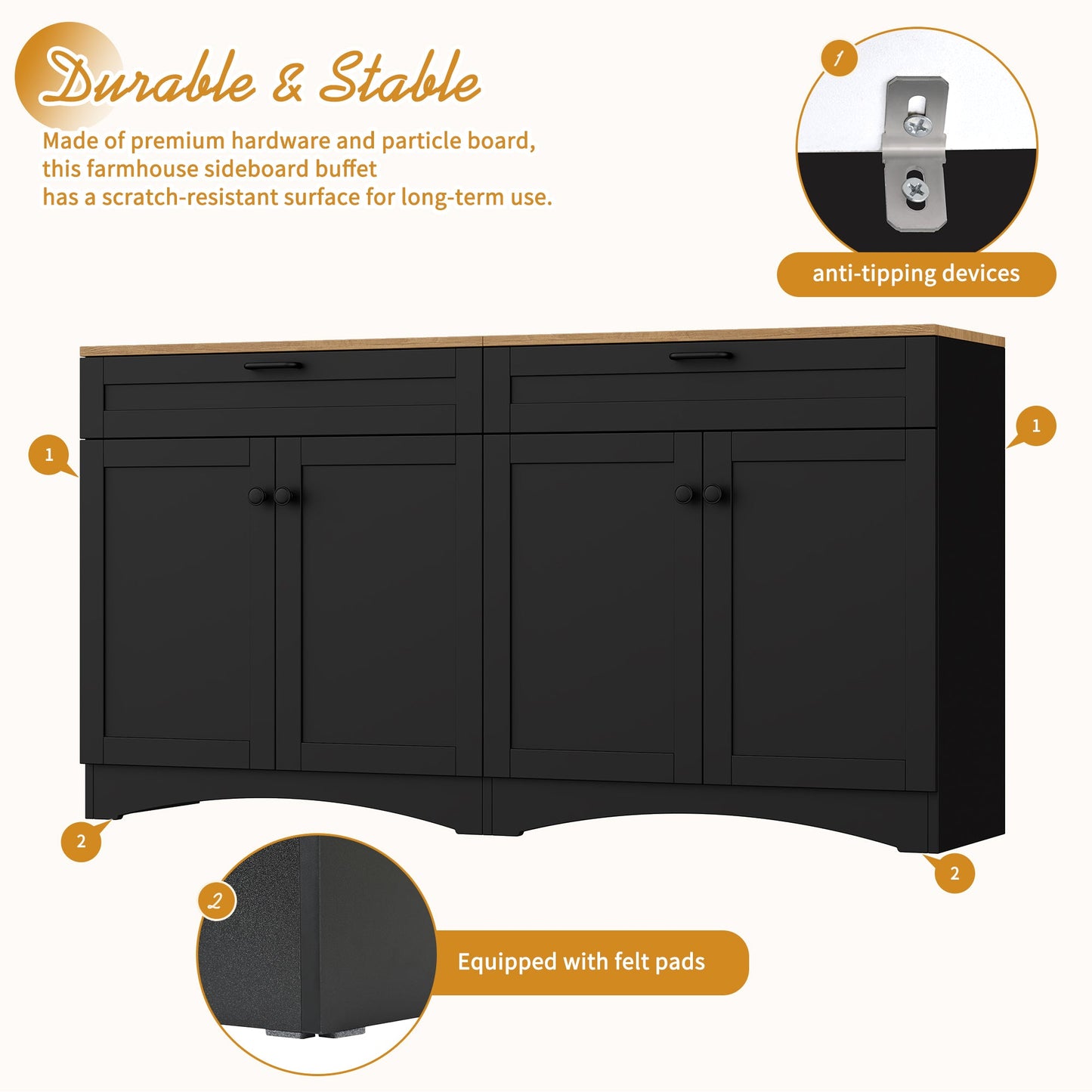 ON-TREND Farmhouse TV Stand with 2 Drawers for TVs Up to 70', Versatile Wood Grain Sideboard with Adjustable Shelves, Mid-Century Buffet Cabinet with Rustic Handles for Living Room/Bedroom, Black
