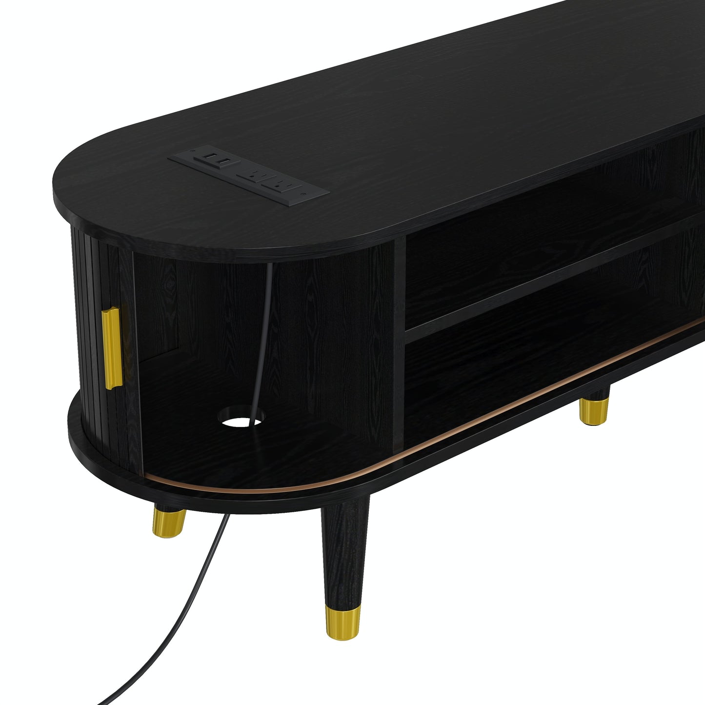 [Assembly Video]Wooden Oval Fluted TV Stand with Charging Station for TV up to 80', Mid-Century Media Console with Sliding Tambour Door, Farmhouse TV Cabinet with Golden Handle for Living Room, Black