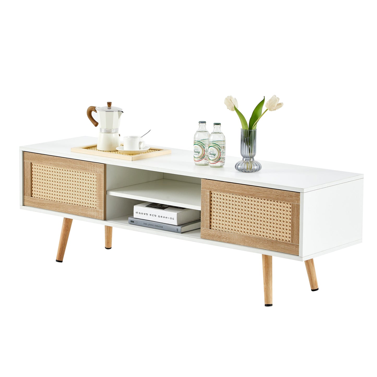 Modern Rattan TV Cabinet with Double Sliding Doors, Adjustable Shelf, Solid Wood Legs, White, 55.12 inches