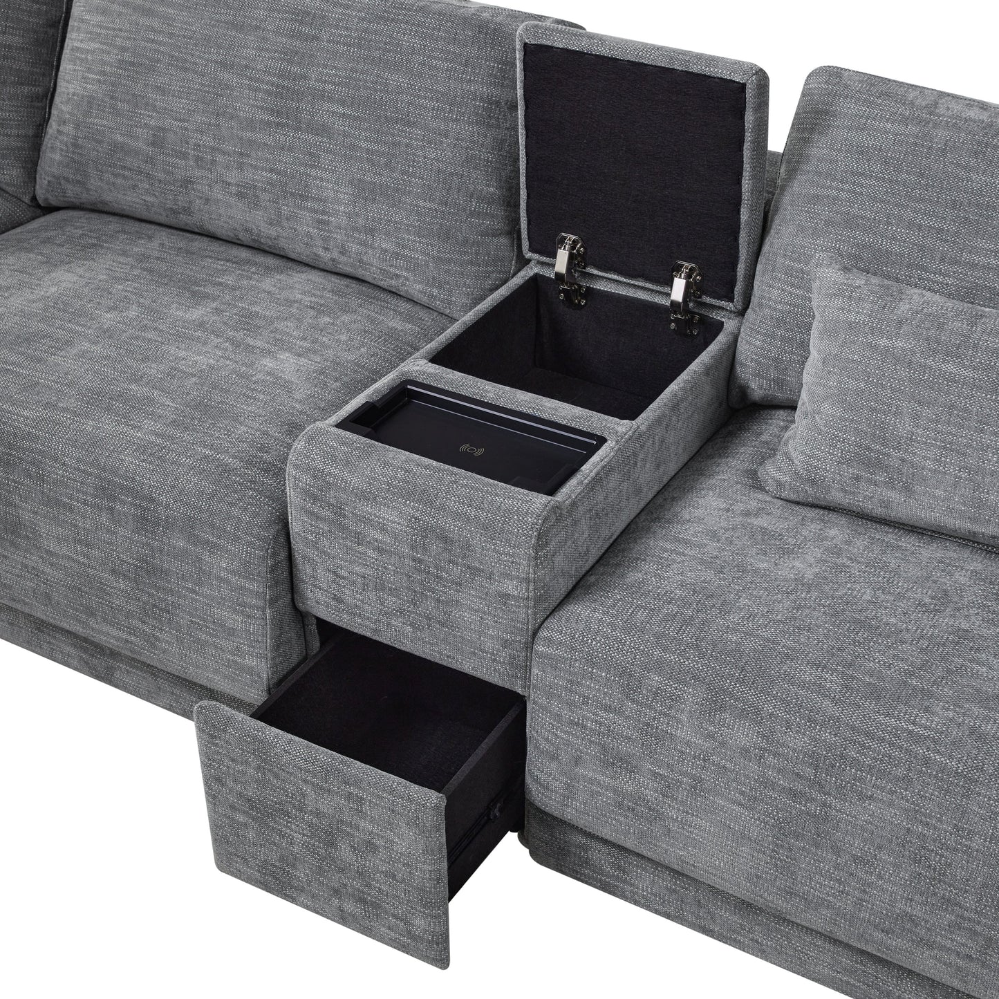 [VIDEO+NEW]124'' Modular Sectional Sofa with Storage Console and Movable Ottoman,33'' Wide Seat,4 Seat L Shaped Chenille Couch,Reversible Comfy Sofa with USB Charger for Living Room,Apartment,2 Colors