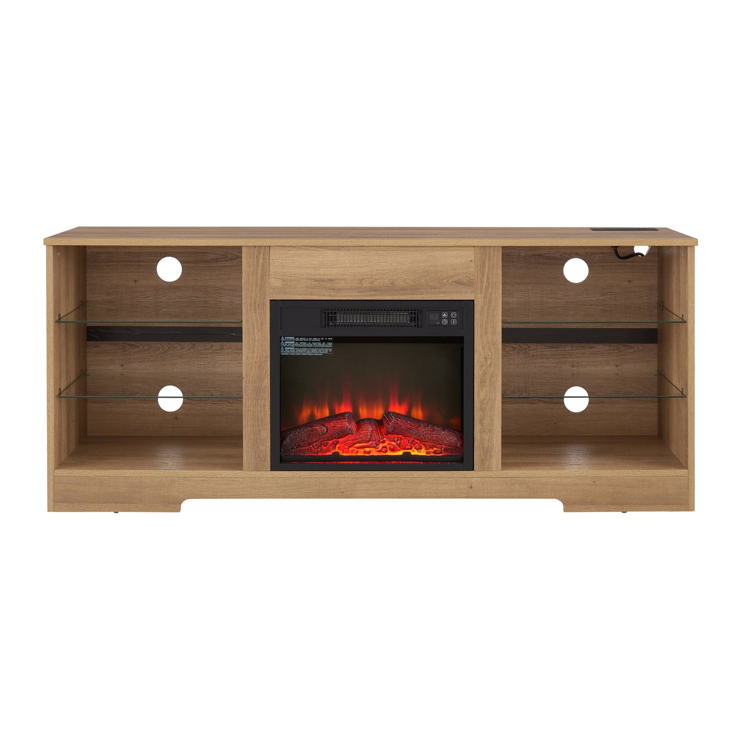 TV Stand Electric Fireplace TV Stand with Glass Shelves, 3D Fireplace TV Stand with LED Lights Wood with USB Charging Outlet Modern Television Table Center for TV up to 32-62' OAK 58'W*15.4''D*24.4