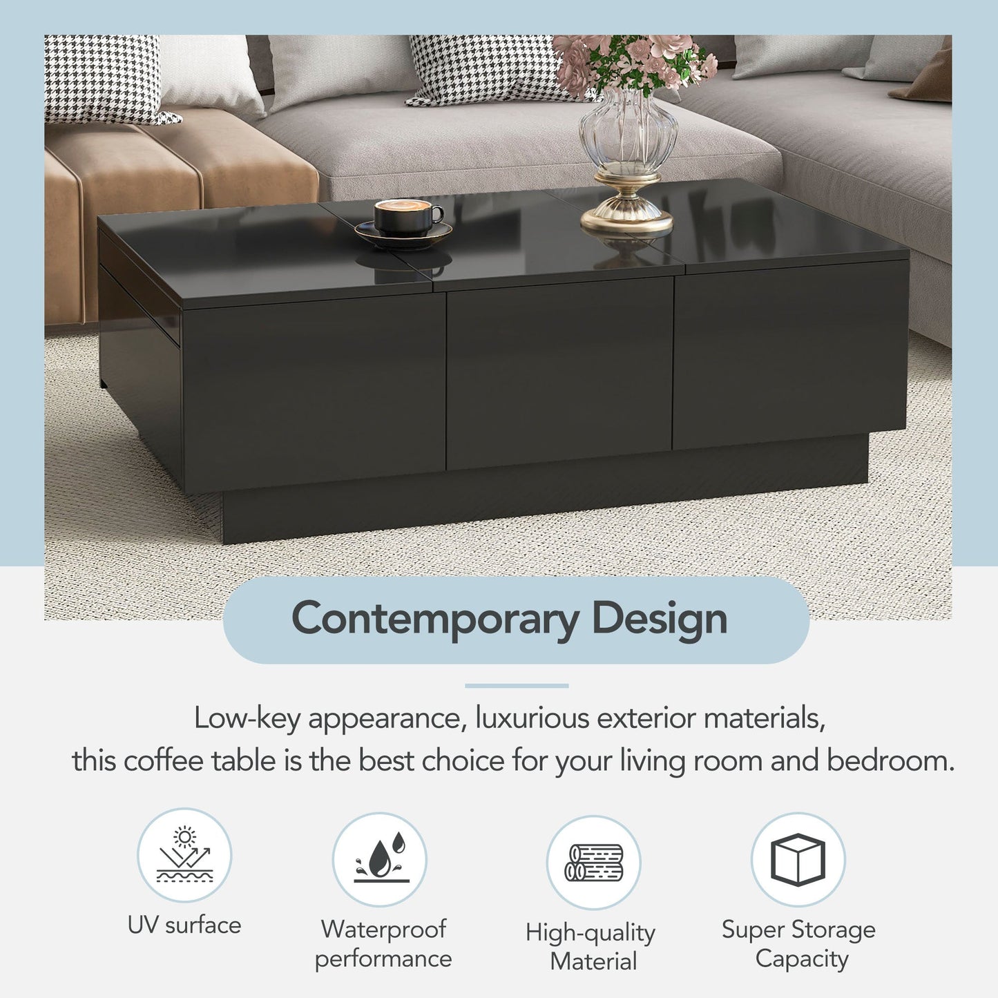 [VIDEO provided] ON-TREND Coffee Table with 2 large Hidden Storage Compartment, Extendable Cocktail Table with 2 Drawers, High-gloss Center Table with Sliding Top for Living Room, 39.3'x21.6', Black