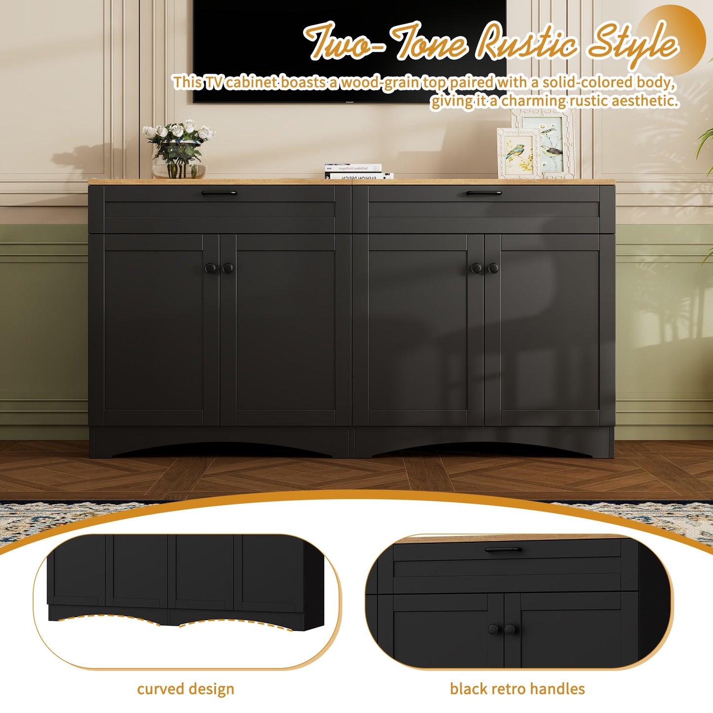 ON-TREND Farmhouse TV Stand with 2 Drawers for TVs Up to 70', Versatile Wood Grain Sideboard with Adjustable Shelves, Mid-Century Buffet Cabinet with Rustic Handles for Living Room/Bedroom, Black