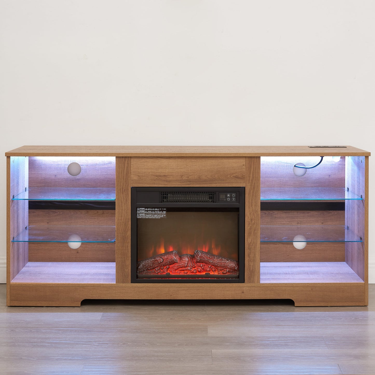 TV Stand Electric Fireplace TV Stand with Glass Shelves, 3D Fireplace TV Stand with LED Lights Wood with USB Charging Outlet Modern Television Table Center for TV up to 32-62' OAK 58'W*15.4''D*24.4