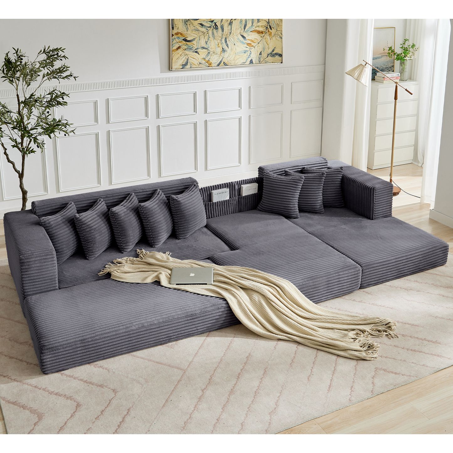 [NEW ARRIVED] [VIDEO PROVIDED] Oversize Cloud Couch, L-Shape Sofa, Convertible Floor Sleeper Sofa Bed, No Assembly ,Eight pillows,3-in-1,Magazine bag,(Right Facing Sofa),3 Seat,Corduroy,Dark Gray