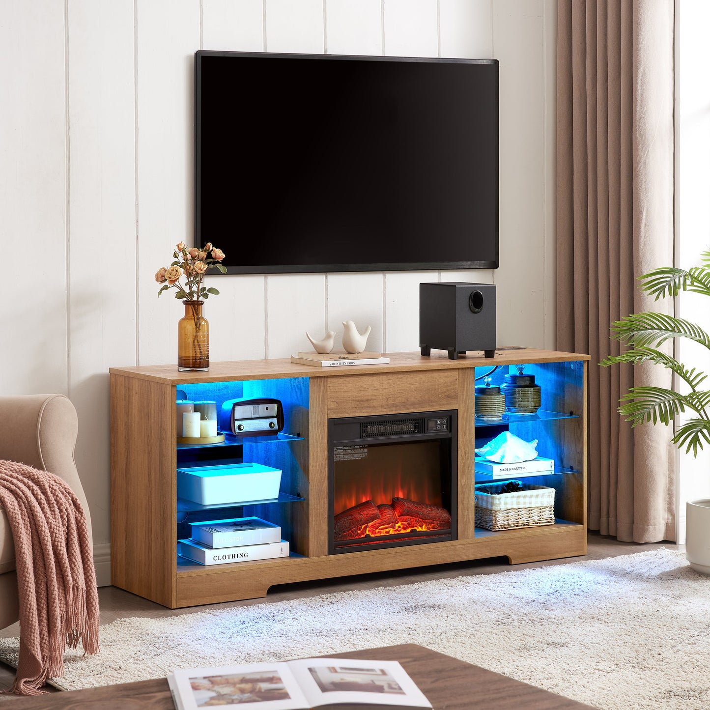 TV Stand Electric Fireplace TV Stand with Glass Shelves, 3D Fireplace TV Stand with LED Lights Wood with USB Charging Outlet Modern Television Table Center for TV up to 32-62' OAK 58'W*15.4''D*24.4