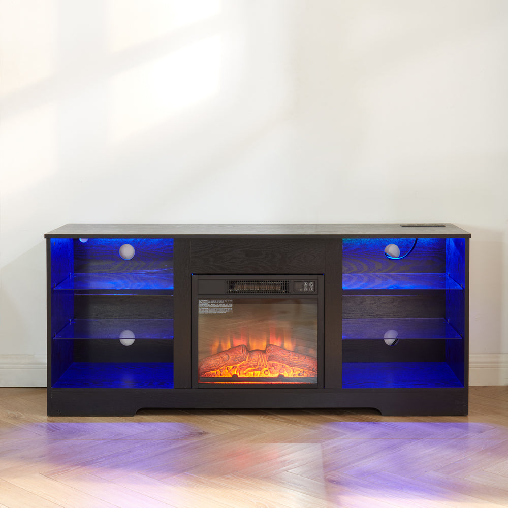 TV Stand Electric Fireplace TV Stand with Glass Shelves, 3D Fireplace TV Stand with LED Lights Wood with USB Charging Outlet Modern Television Table Center for TV up to 32-62' Black 58''W*15.4''D*24.4