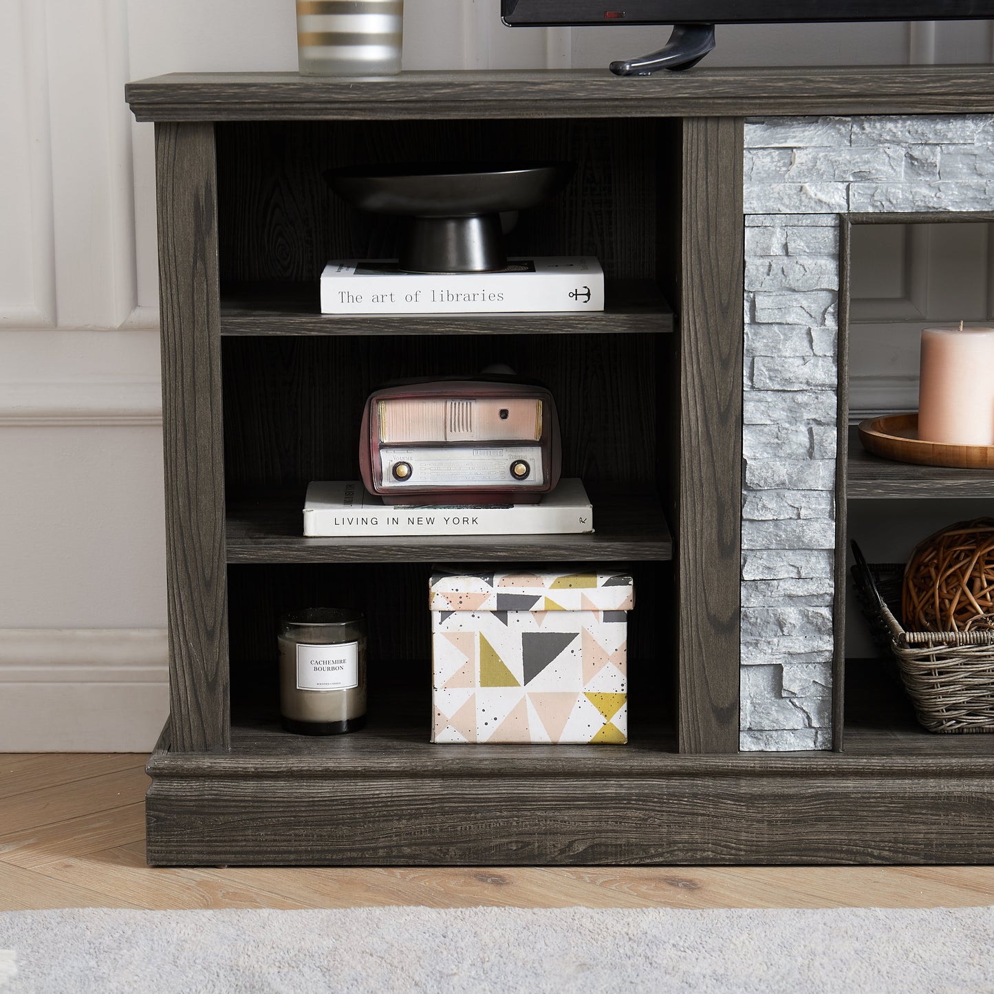 Large TV Stand TV Desk Storage Rack with Faux Stacked Stone Surround,Media Console Table with Large Storage Cabinet,Modern TV Media Entertaionment Stand,GREY, 70.12'W*15.35'D*25.83'H