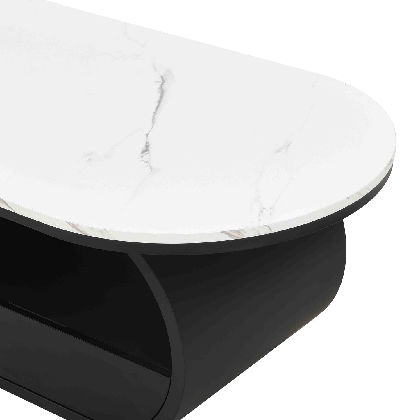 Luxury Modern Oval Coffee Table, 47.24'' Coffee Table with Storage Drawer, Faux Marble Top, Black Metal Center Table for Living Room