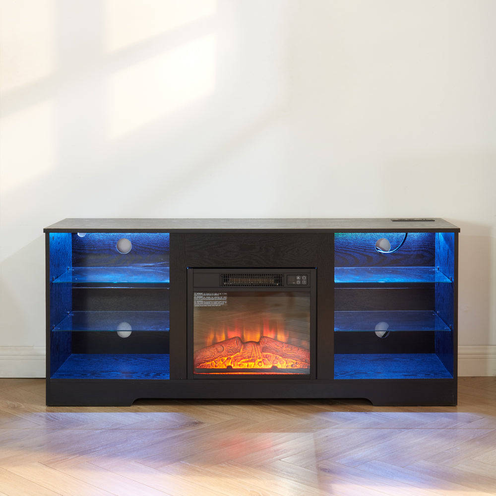 TV Stand Electric Fireplace TV Stand with Glass Shelves, 3D Fireplace TV Stand with LED Lights Wood with USB Charging Outlet Modern Television Table Center for TV up to 32-62' Black 58''W*15.4''D*24.4