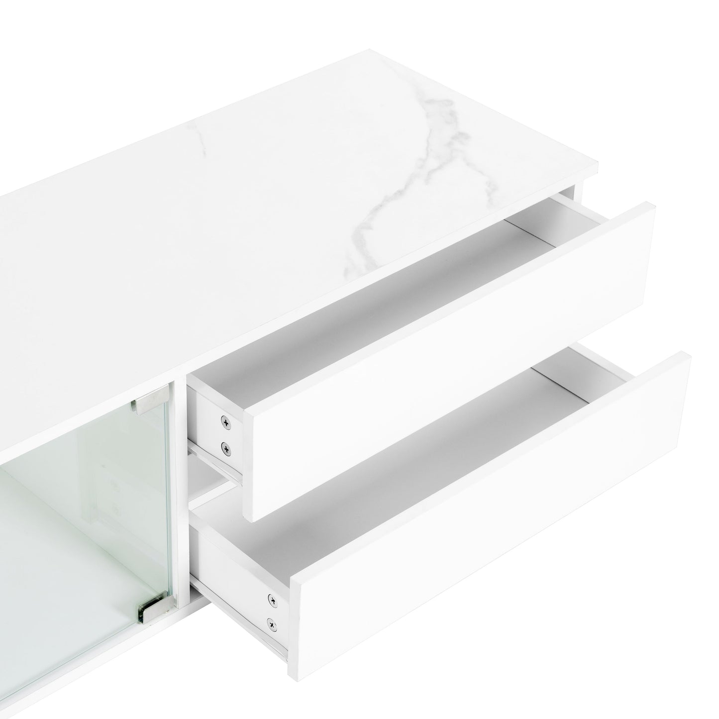 ON-TREND Modern APP Controlled LED TV Stand for TVs Up to 105'', Faux Marble Tabletop Media Console with Tempered Glass Doors, Entertainment Center with 2 Drawers & Cabinets for Living Room, White