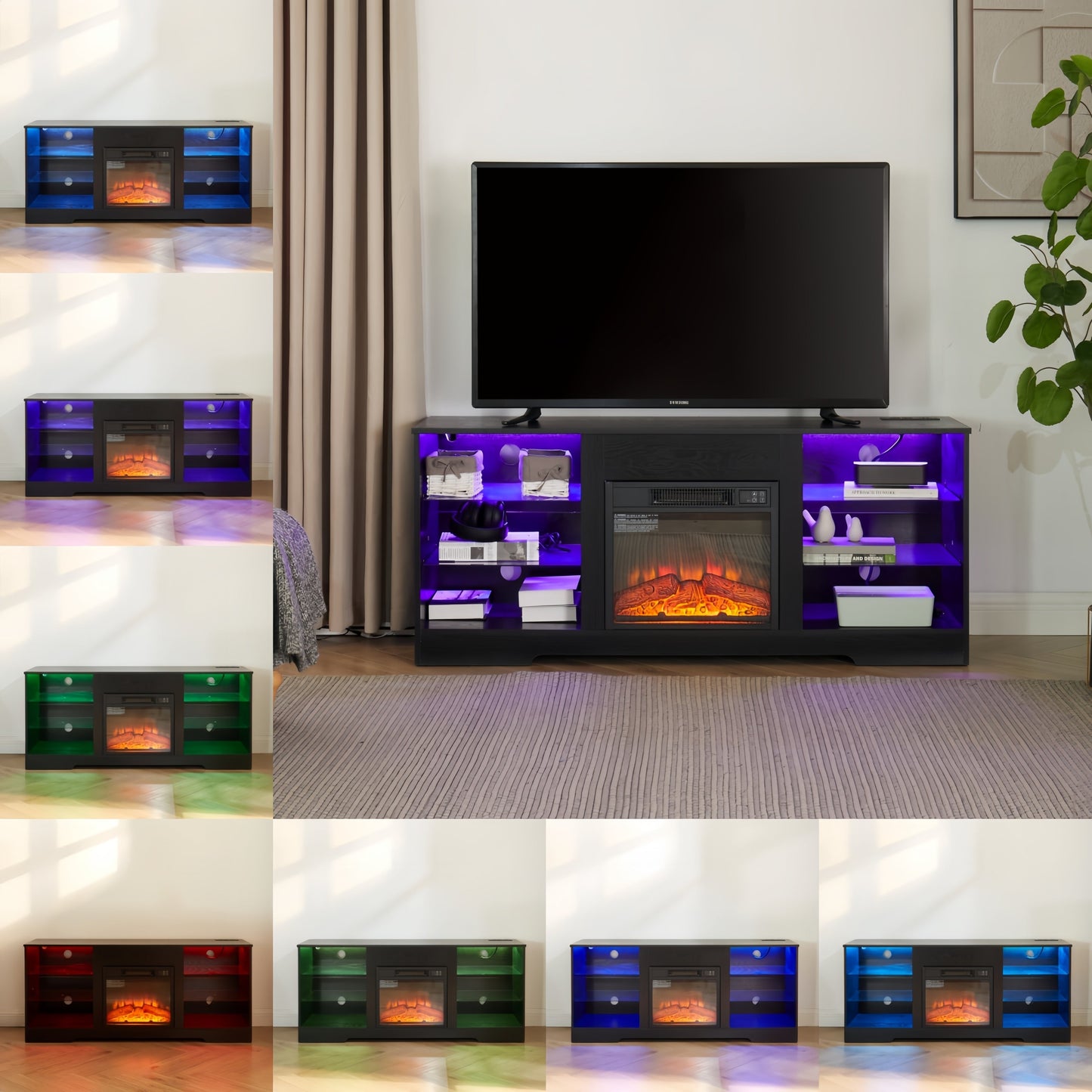 TV Stand Electric Fireplace TV Stand with Glass Shelves, 3D Fireplace TV Stand with LED Lights Wood with USB Charging Outlet Modern Television Table Center for TV up to 32-62' Black 58''W*15.4''D*24.4