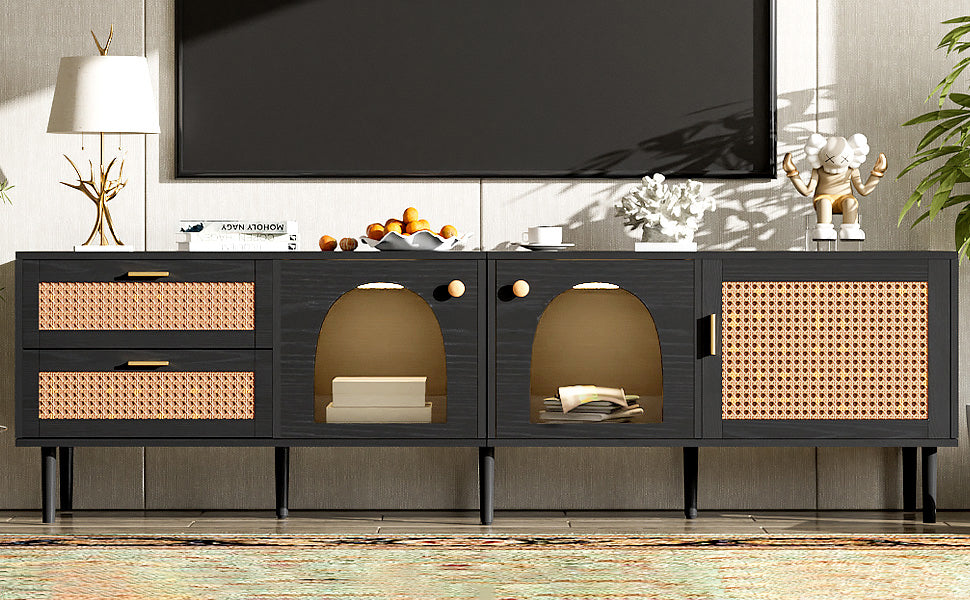 Rattan TV Stand with 3 Cabinets & 2 Drawers, Rattan-inspired Media Console Table for TVs up to 80'', LED Light Entertainment Center, TV cabinet for Living room, Bedroom, Home Theatre