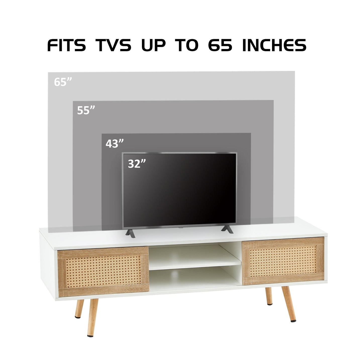 Modern Rattan TV Cabinet with Double Sliding Doors, Adjustable Shelf, Solid Wood Legs, White, 55.12 inches