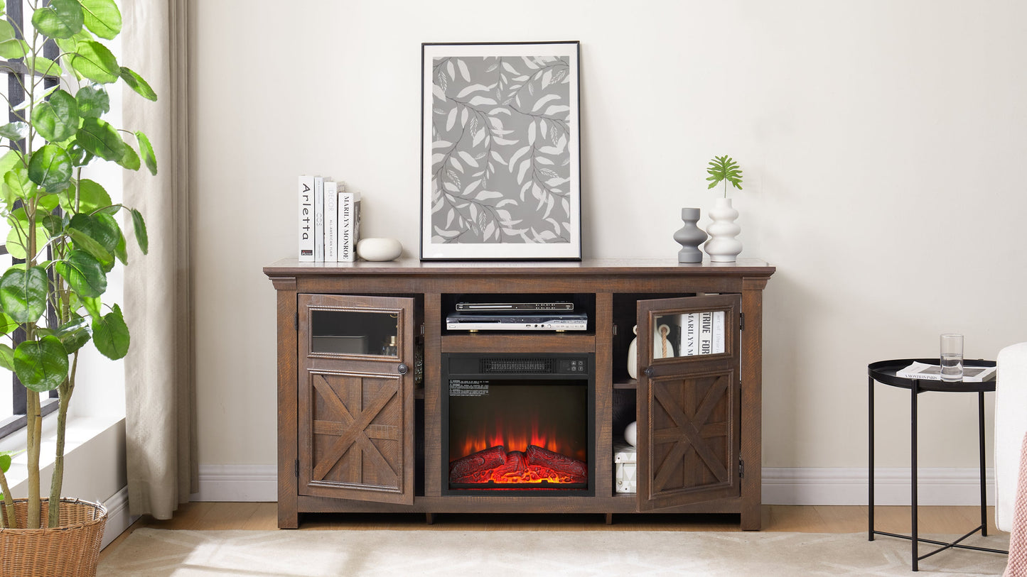 2 Doors Cabinet Farmhouse  Cabinet, Farmhouse TV Stand Barn Design,Farmhouse TV Media Stand, Large Barn Inspired Home Entertainment Console with 18' fireplace insert,Espresso,60.23'W*15.35'D*31.7'H