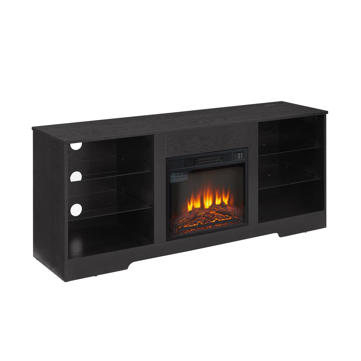 TV Stand Electric Fireplace TV Stand with Glass Shelves, 3D Fireplace TV Stand with LED Lights Wood with USB Charging Outlet Modern Television Table Center for TV up to 32-62' Black 58''W*15.4''D*24.4