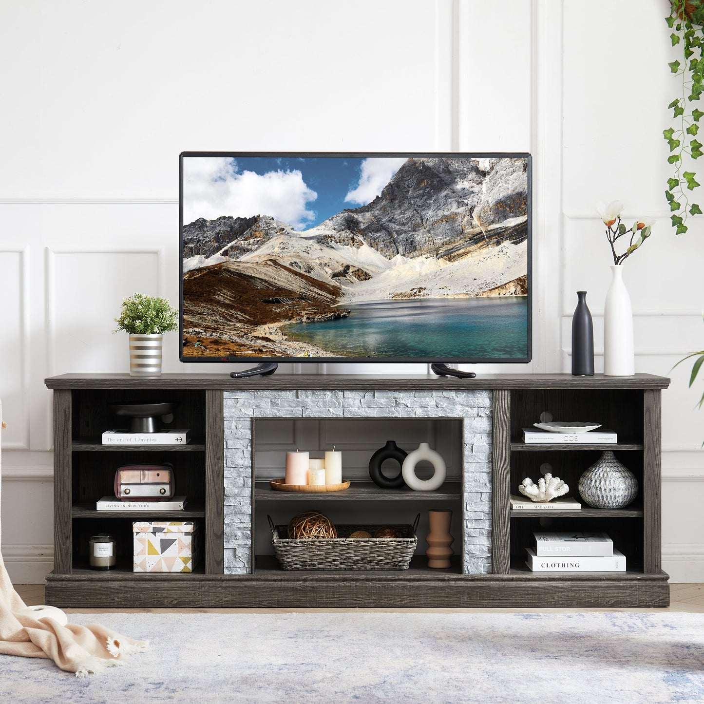 Large TV Stand TV Desk Storage Rack with Faux Stacked Stone Surround,Media Console Table with Large Storage Cabinet,Modern TV Media Entertaionment Stand,GREY, 70.12'W*15.35'D*25.83'H