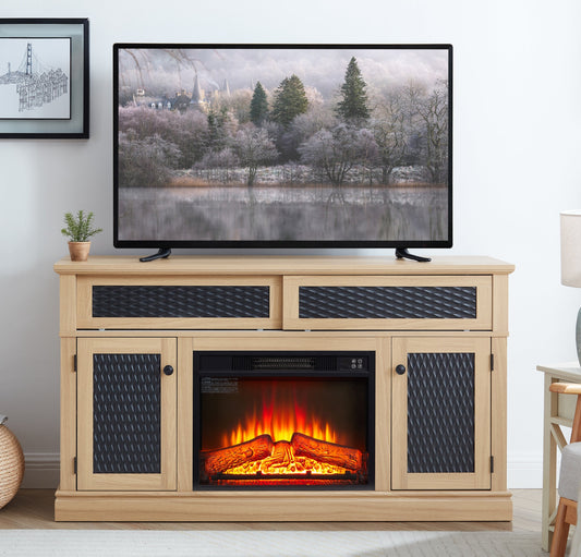 Embossed Pattern TV Stand with 23' fireplace insert,, TV and Media Console with Open and Closed Storage Space and sliding door for Living Room & Bedroom,LIGHT OAK, 58.27'W*15.35'W*31.7H