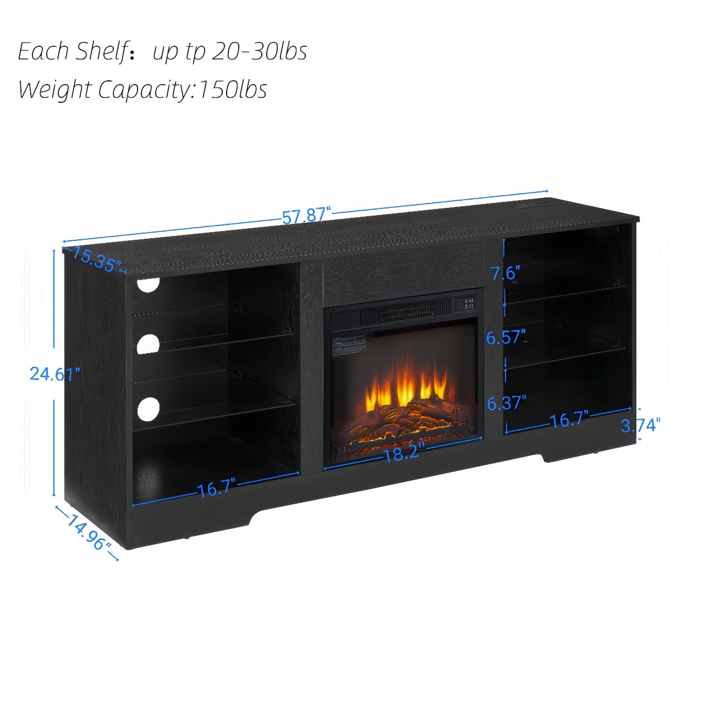 TV Stand Electric Fireplace TV Stand with Glass Shelves, 3D Fireplace TV Stand with LED Lights Wood with USB Charging Outlet Modern Television Table Center for TV up to 32-62' Black 58''W*15.4''D*24.4