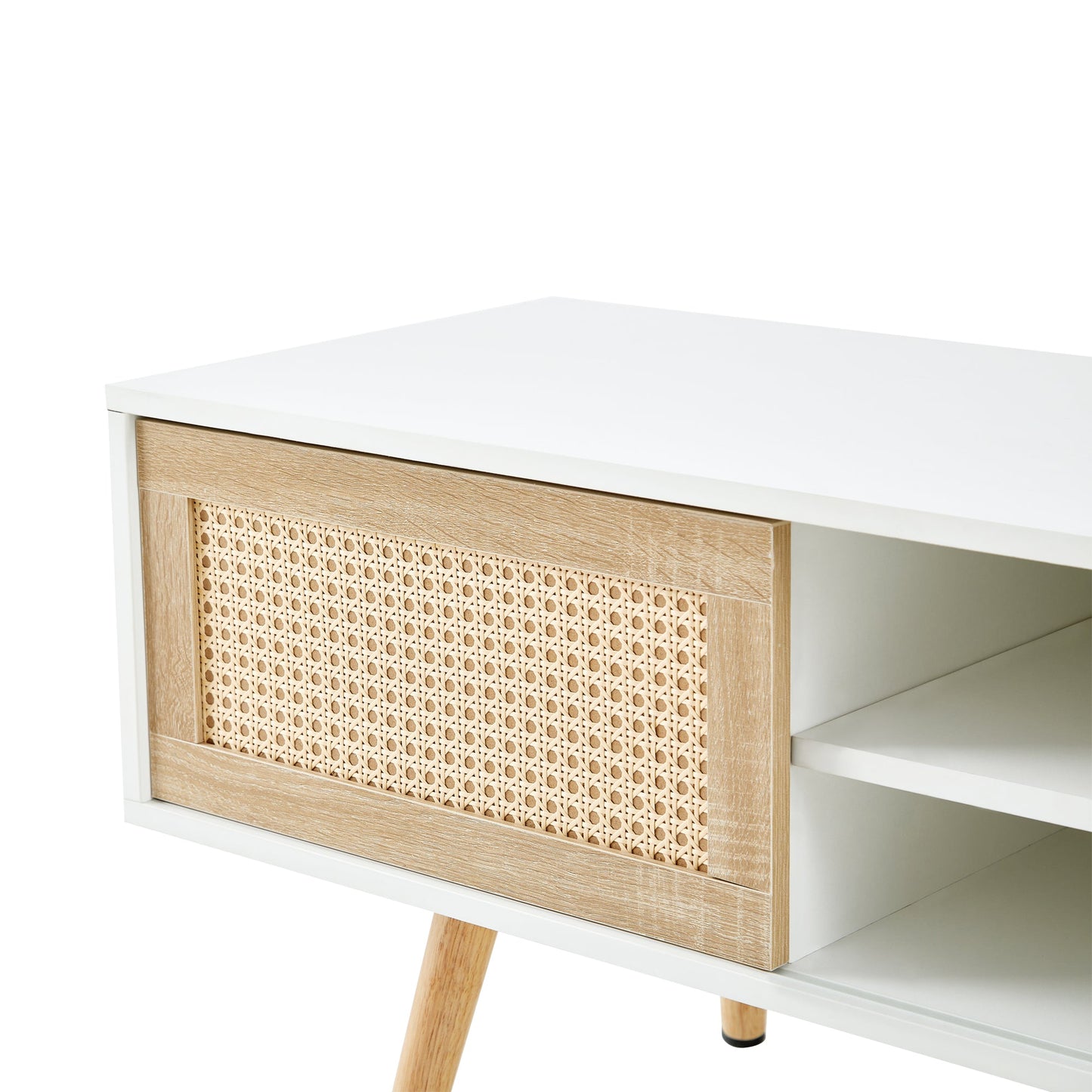 Modern Rattan TV Cabinet with Double Sliding Doors, Adjustable Shelf, Solid Wood Legs, White, 55.12 inches
