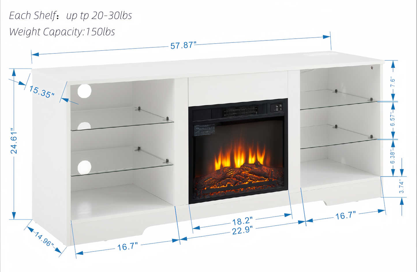 TV Stand Electric Fireplace TV Stand with Glass Shelves, 3D Fireplace TV Stand with LED Lights Wood with USB Charging Outlet Modern Television Table Center for TV up to 32-62' White 58''W*15.4''D*24.4