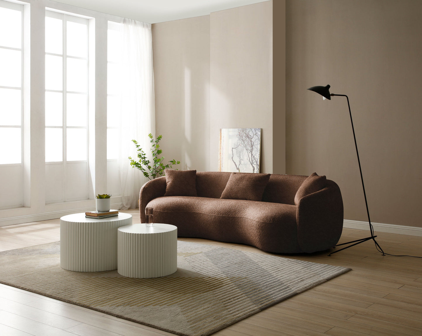 Mid Century Modern Curved Living Room Sofa,  Boucle Fabric Couch for Bedroom, Office, Apartment, Brown