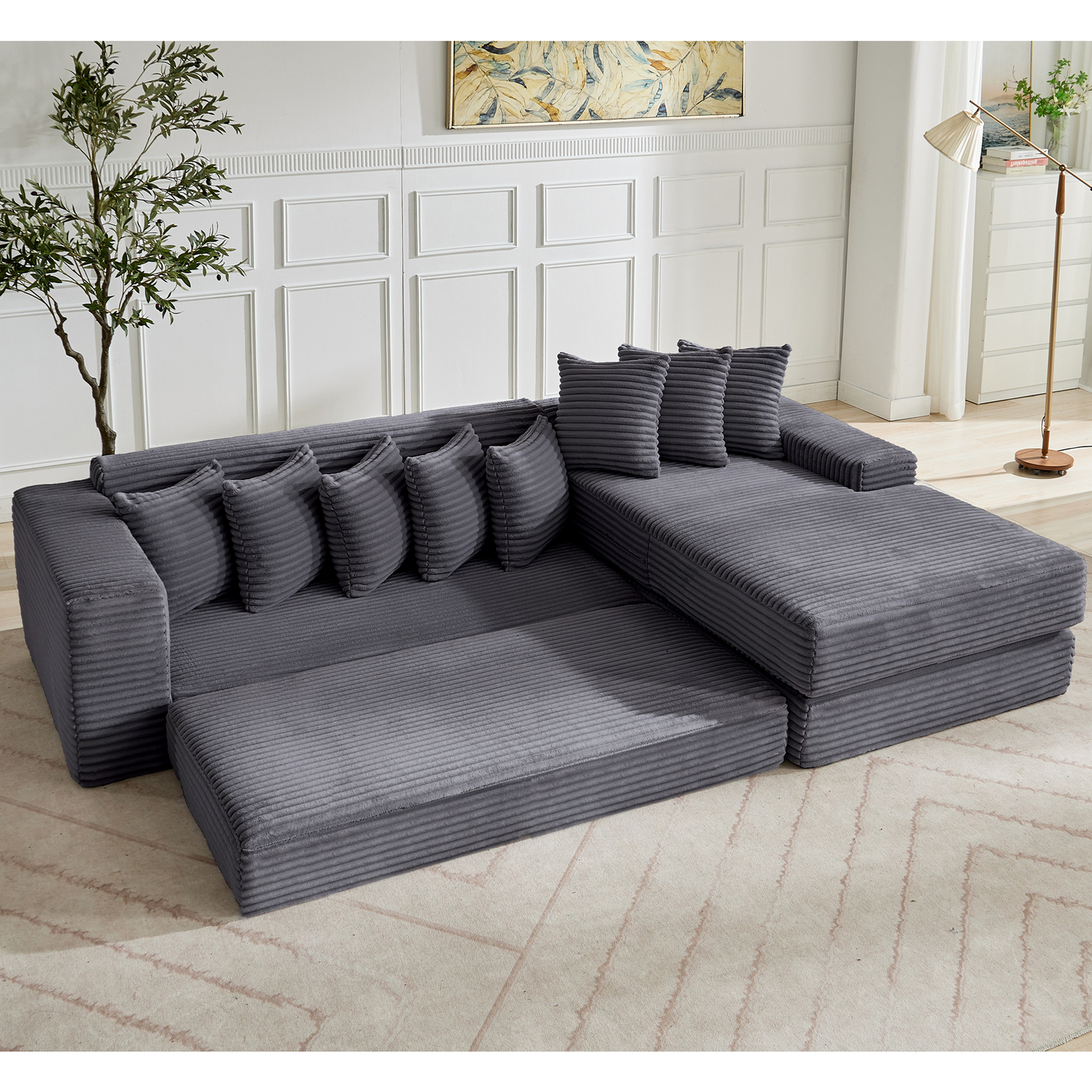 [NEW ARRIVED] [VIDEO PROVIDED] Oversize Cloud Couch, L-Shape Sofa, Convertible Floor Sleeper Sofa Bed, No Assembly ,Eight pillows,3-in-1,Magazine bag,(Right Facing Sofa),3 Seat,Corduroy,Dark Gray