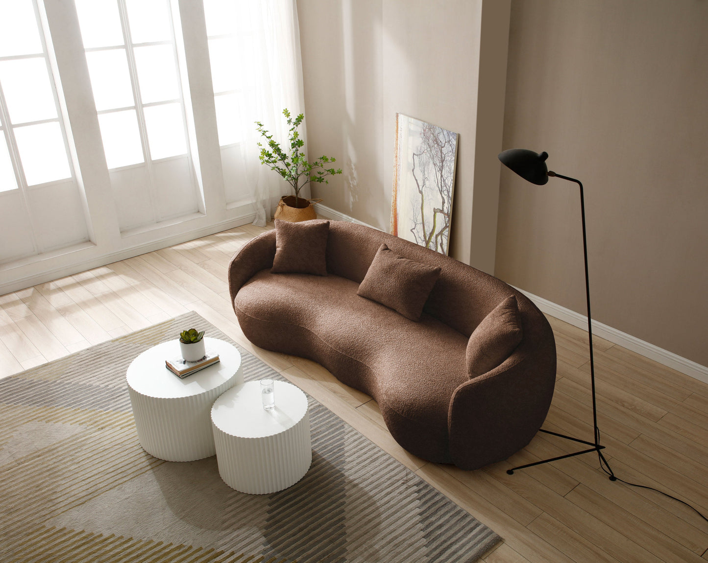 Mid Century Modern Curved Living Room Sofa,  Boucle Fabric Couch for Bedroom, Office, Apartment, Brown