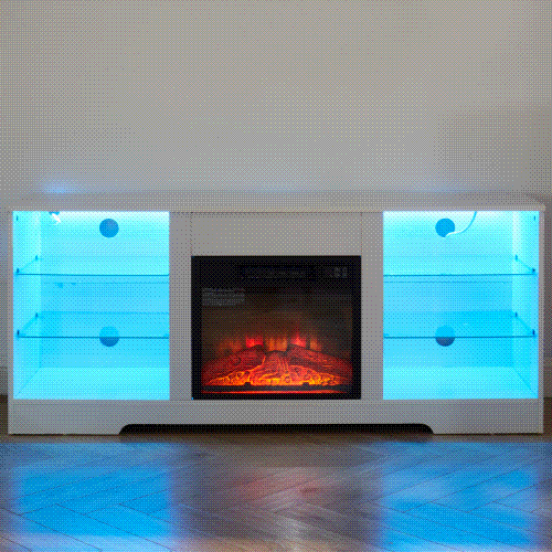 TV Stand Electric Fireplace TV Stand with Glass Shelves, 3D Fireplace TV Stand with LED Lights Wood with USB Charging Outlet Modern Television Table Center for TV up to 32-62' White 58''W*15.4''D*24.4