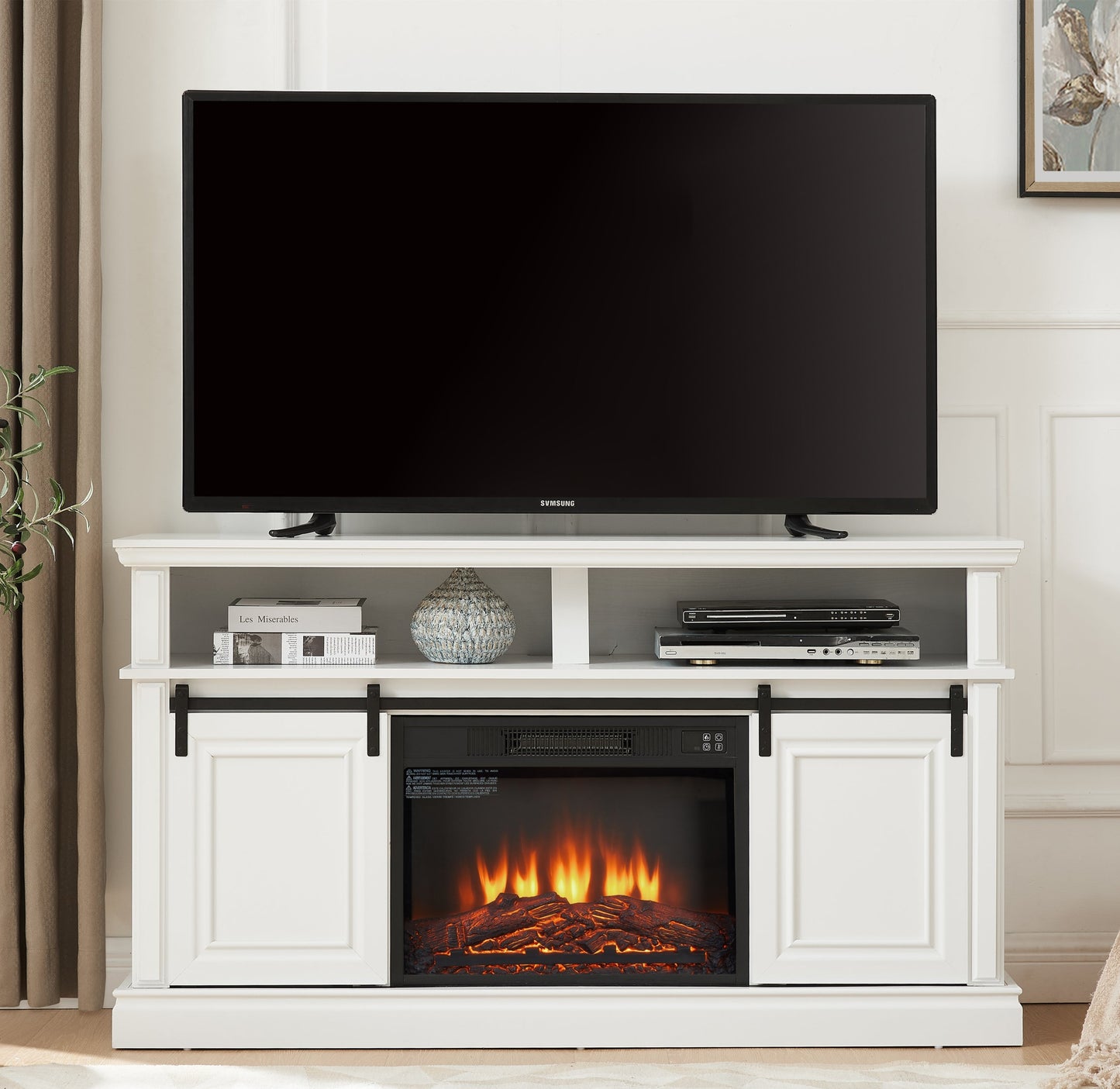 Media Console Table with Storage Cabinet, Mid Century Modern TV Console with 23' Fireplace Insert, Multipurpose Sliding Door TV Cabinet  Large Storage Space, 58.11'W*15.79'D*32.36'H Antique White