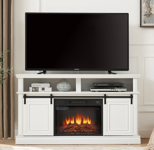 Media Console Table with Storage Cabinet, Mid Century Modern TV Console with 23' Fireplace Insert, Multipurpose Sliding Door TV Cabinet  Large Storage Space, 58.11'W*15.79'D*32.36'H Antique White