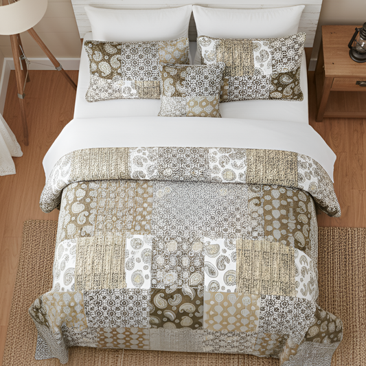 DaDa Bedding Bohemian Olive Brown Moroccan Paisley Floral Filigree Patchwork Cotton Bedspread Set (JHW-885)