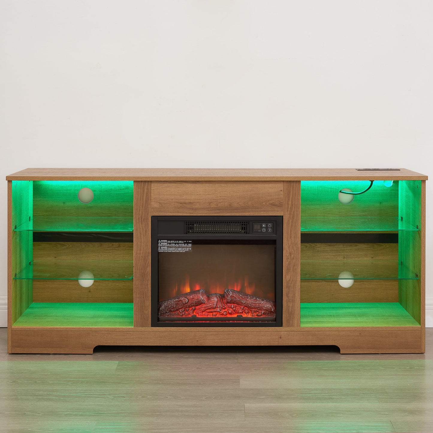 TV Stand Electric Fireplace TV Stand with Glass Shelves, 3D Fireplace TV Stand with LED Lights Wood with USB Charging Outlet Modern Television Table Center for TV up to 32-62' OAK 58'W*15.4''D*24.4