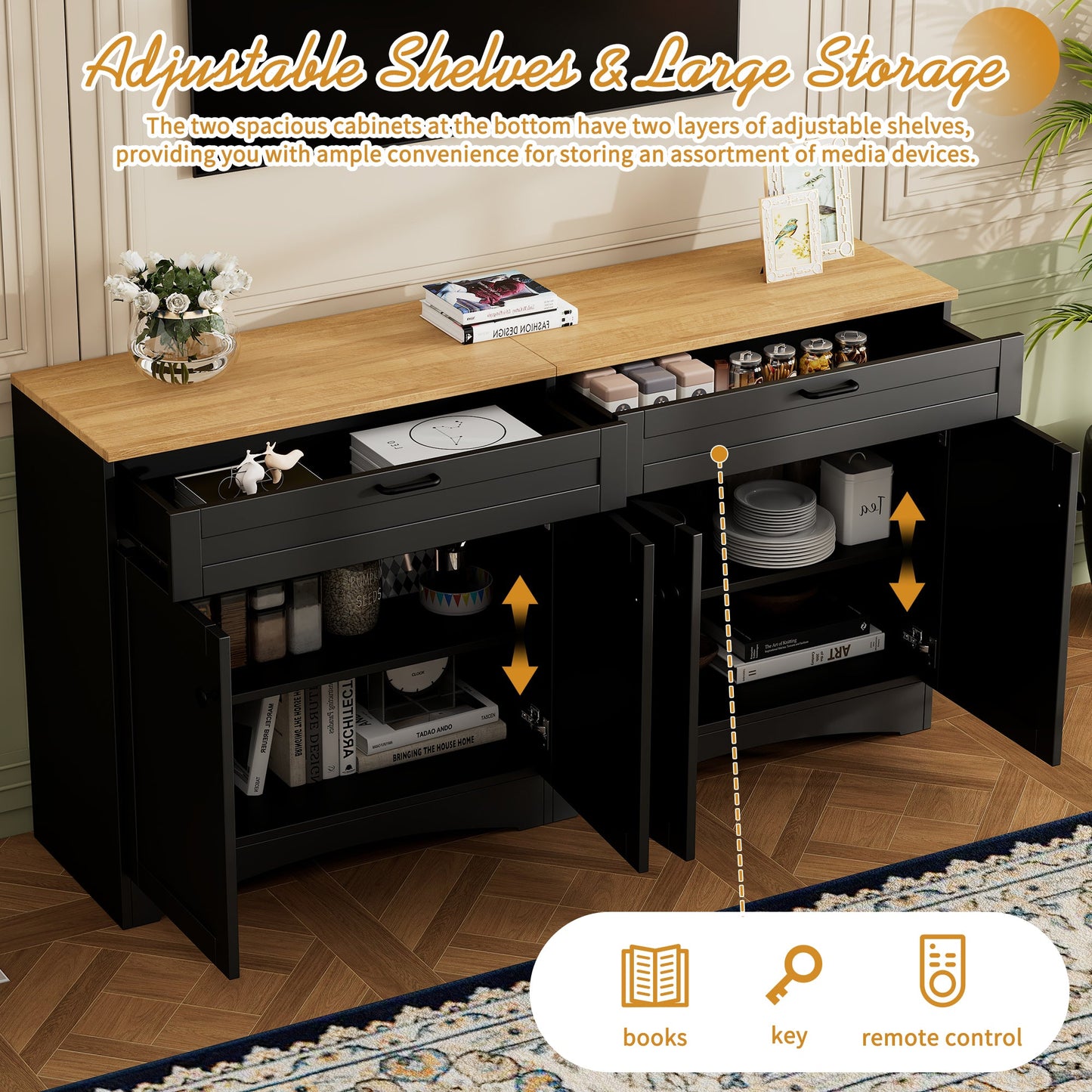 ON-TREND Farmhouse TV Stand with 2 Drawers for TVs Up to 70', Versatile Wood Grain Sideboard with Adjustable Shelves, Mid-Century Buffet Cabinet with Rustic Handles for Living Room/Bedroom, Black