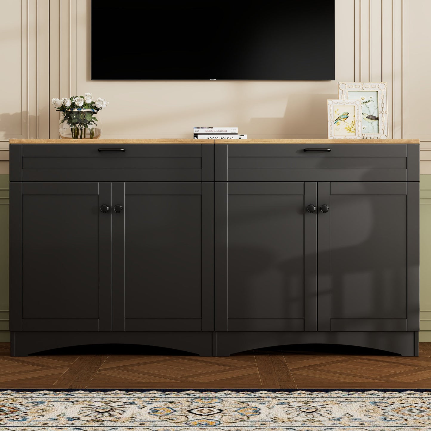 ON-TREND Farmhouse TV Stand with 2 Drawers for TVs Up to 70', Versatile Wood Grain Sideboard with Adjustable Shelves, Mid-Century Buffet Cabinet with Rustic Handles for Living Room/Bedroom, Black