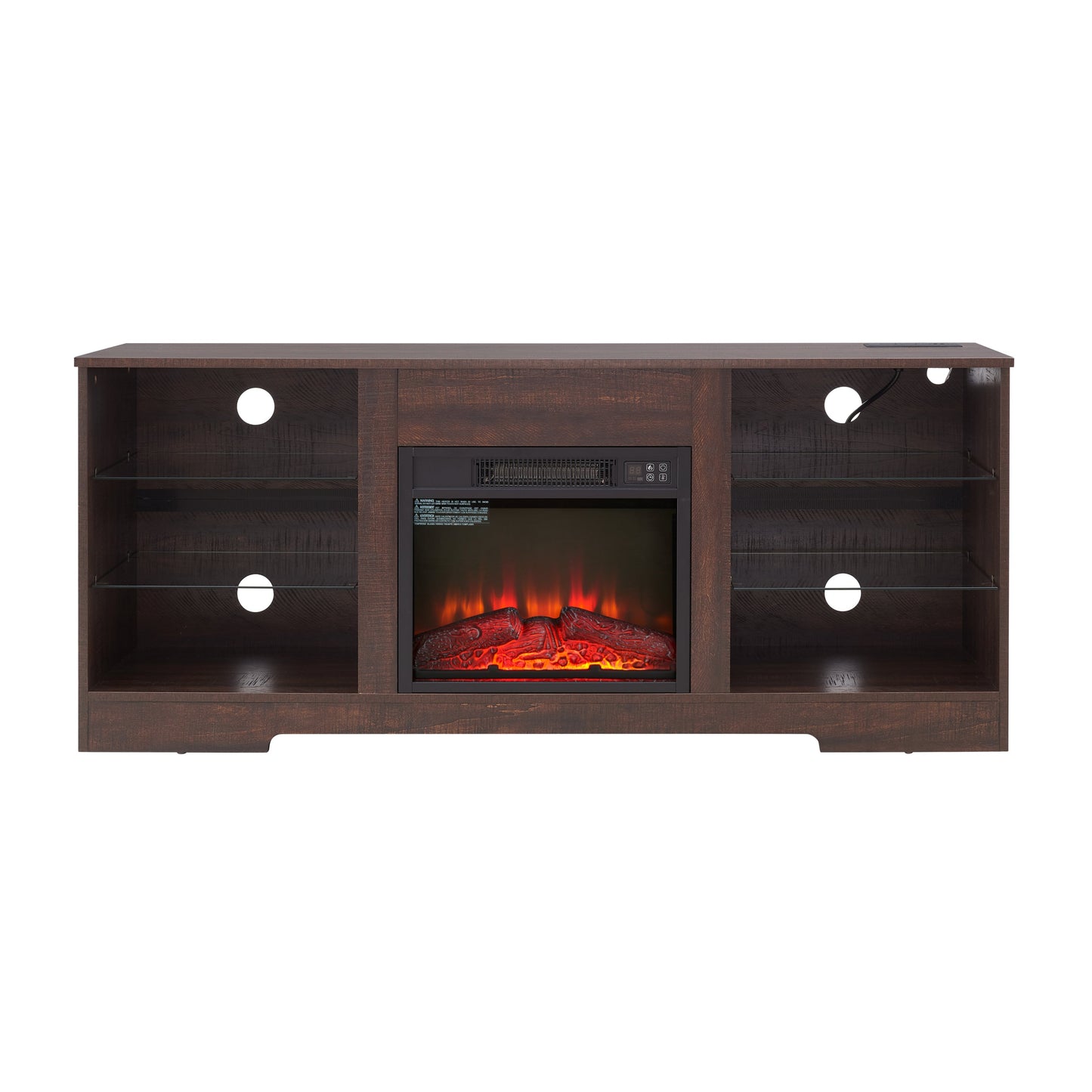 TV Stand Electric Fireplace  Glass Shelves, 3D Fireplace TV Stand with LED Lights Wood with USB Charging Outlet Modern Television Table Center for TV up to 62' ESP, 58''W*15.5''D*24.4