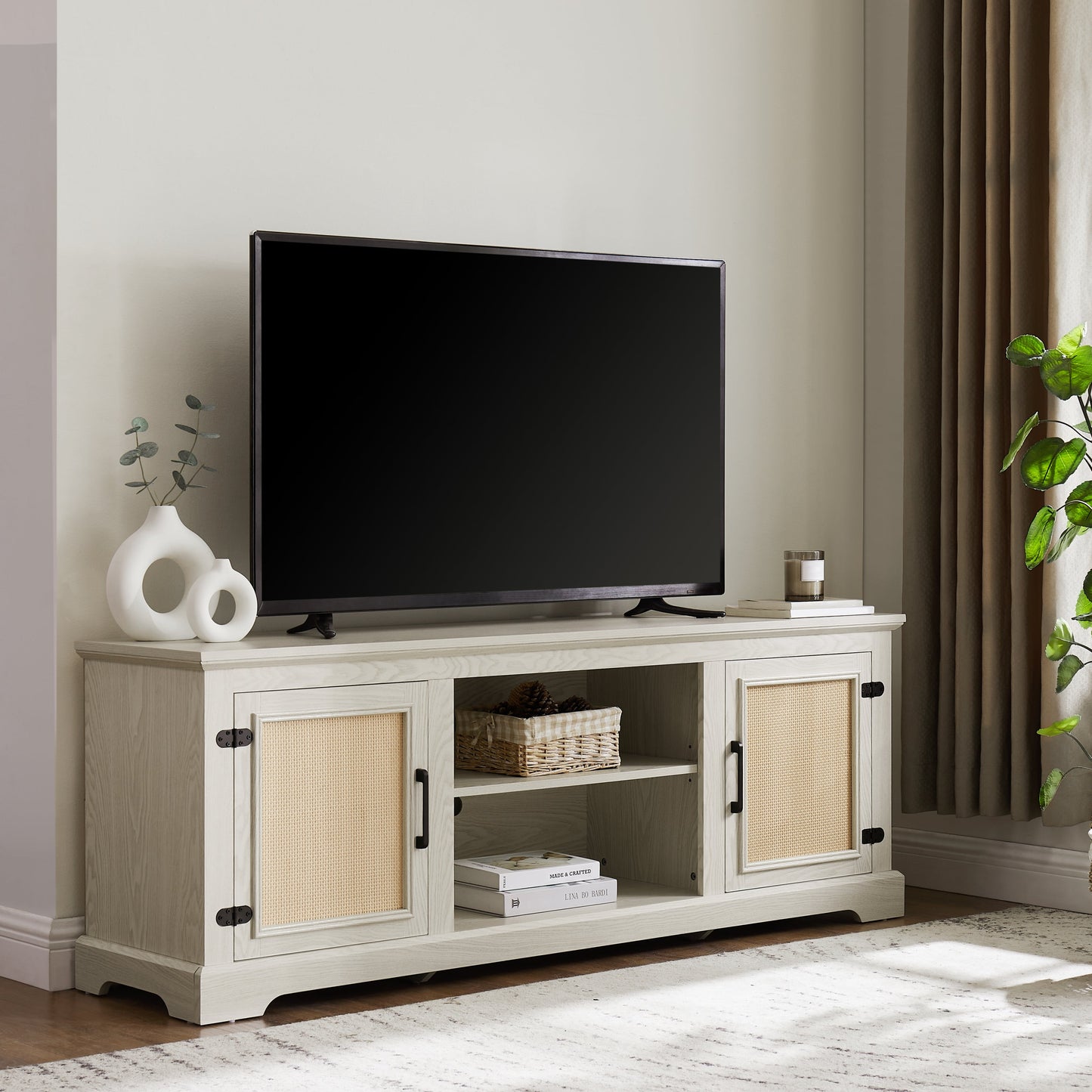 Farmhouse Rattan TV Stand Console Table for TVs up to 70 Inches, TV Console Table with 2 Storage Shelves, 2 Natural Rattan Door Cabinets,65'W*15.55'D*23.86'H, White
