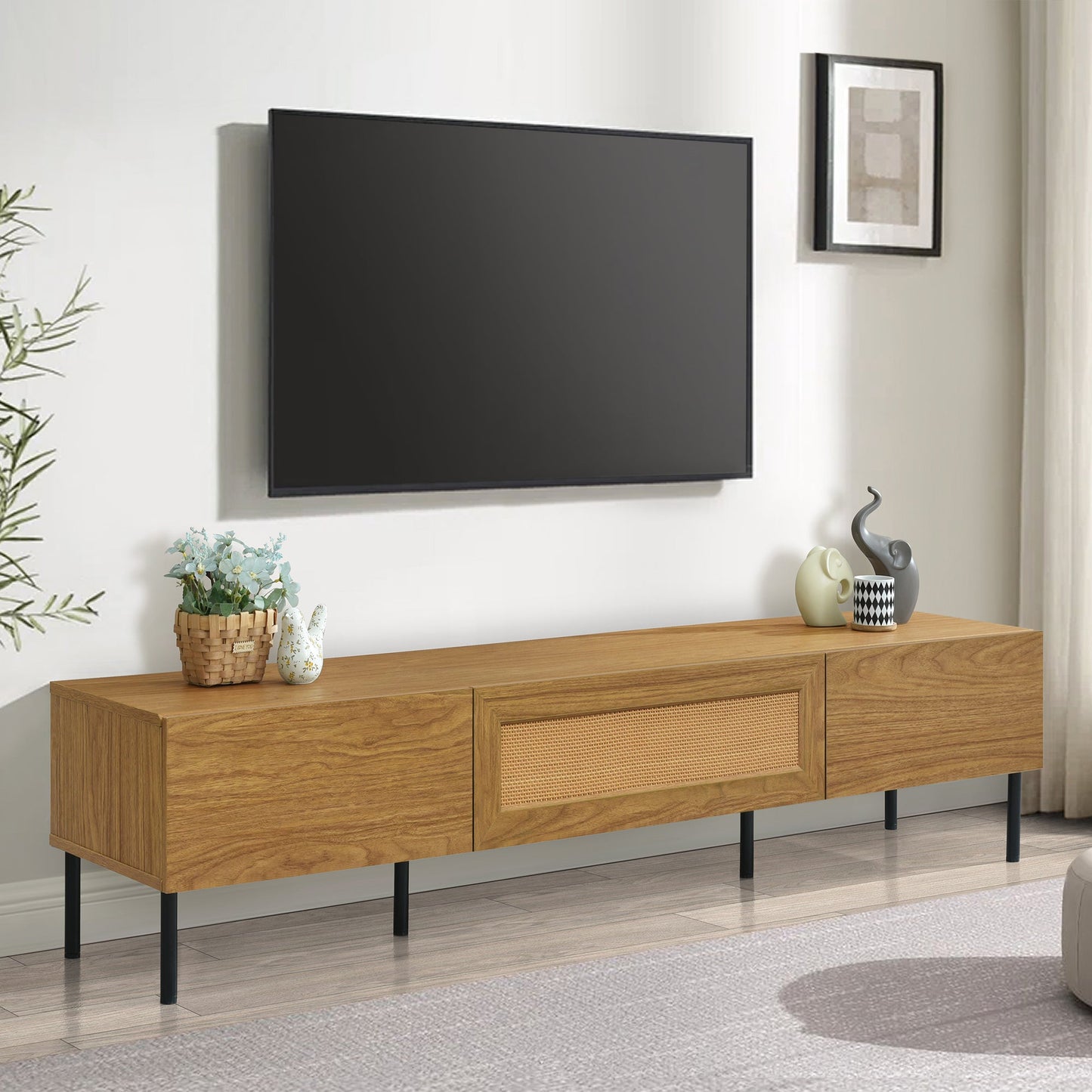 Boho TV Stand for TVs up to 80'' , Modern Farmhouse Media Console, Entertainment Center with Metal Legs, TV Cabinet for Living Room, Home Theatre