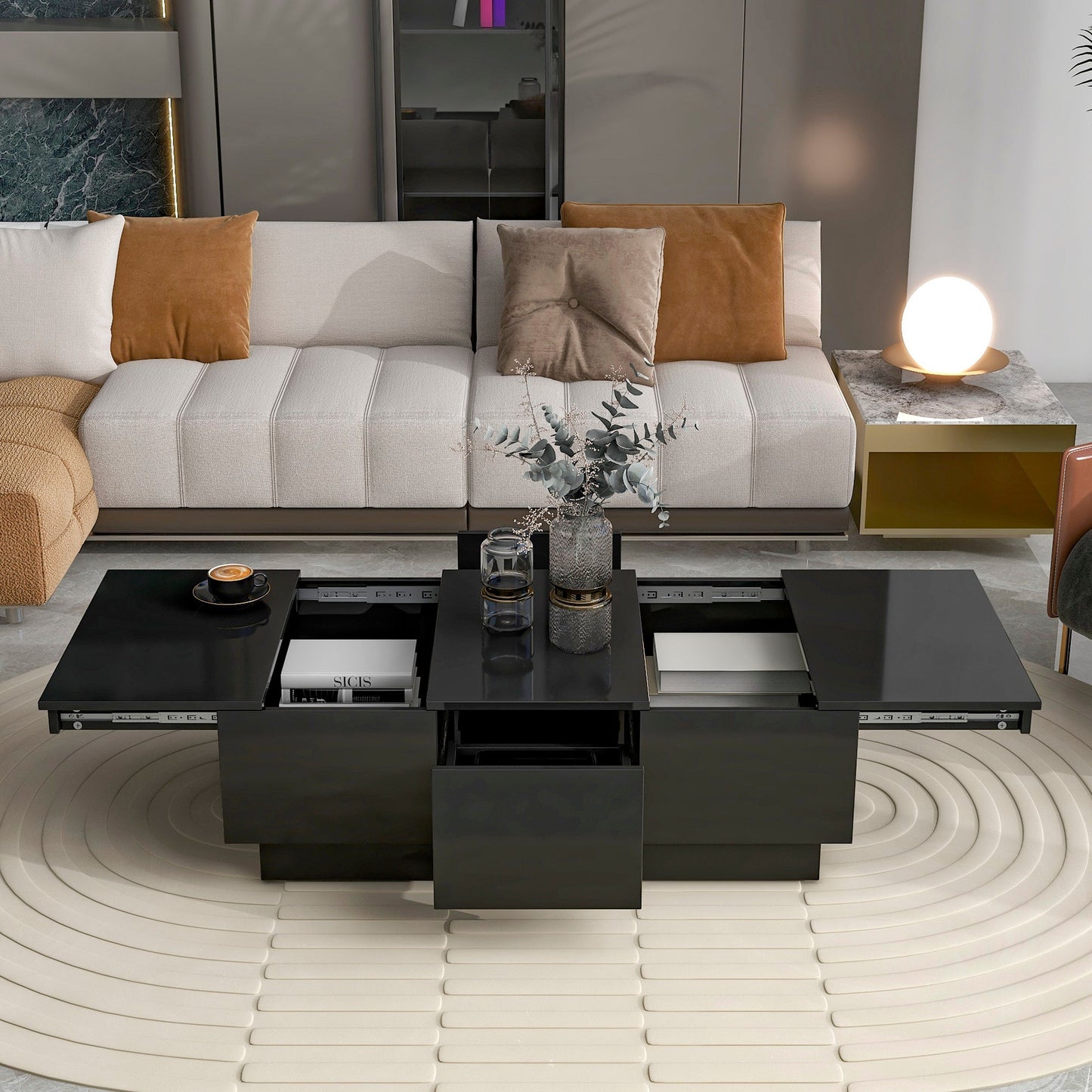 [VIDEO provided] ON-TREND Coffee Table with 2 large Hidden Storage Compartment, Extendable Cocktail Table with 2 Drawers, High-gloss Center Table with Sliding Top for Living Room, 39.3'x21.6', Black
