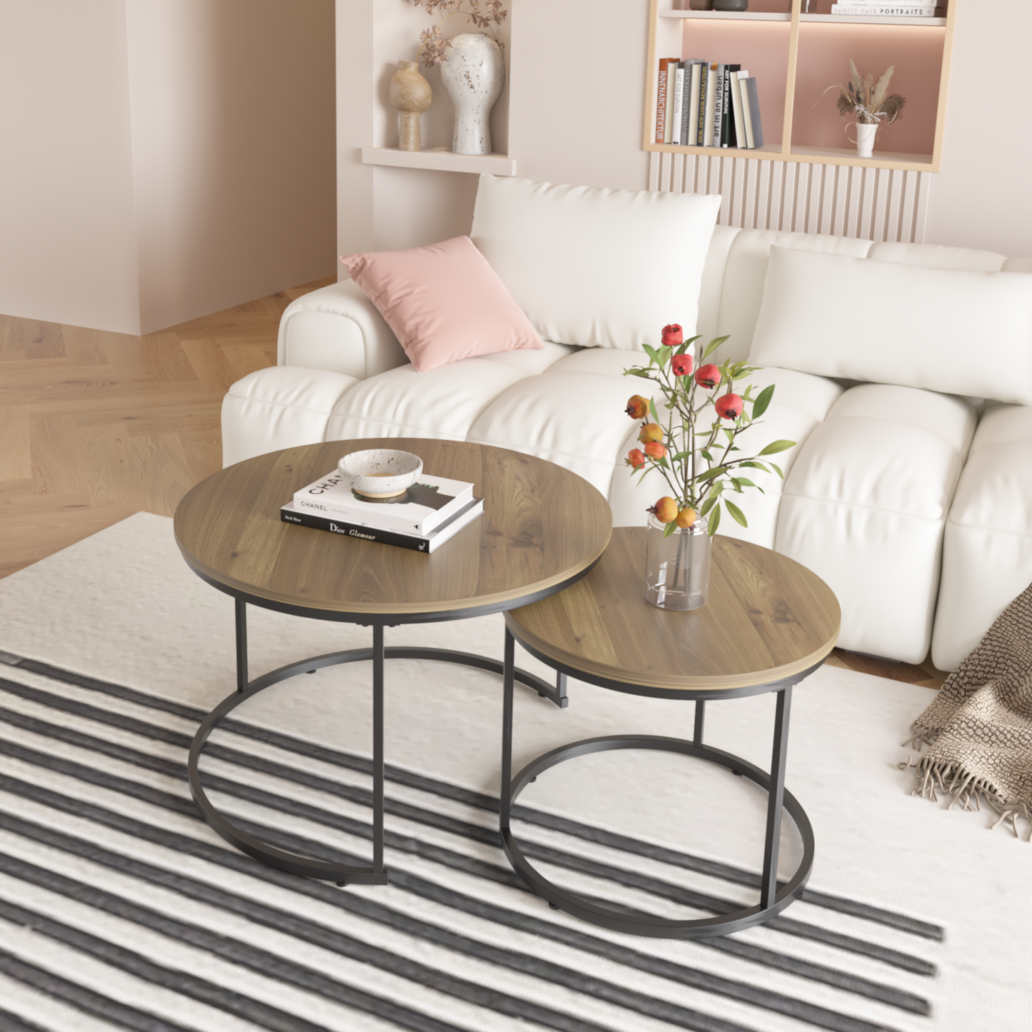 Nesting Coffee Table Set of 2, 27.6inch Round Coffee Table Industrial Wood Finish with Sturdy Metal Frame, End Table Side Tables for Living Room Bedroom Balcony Yard (Brown)