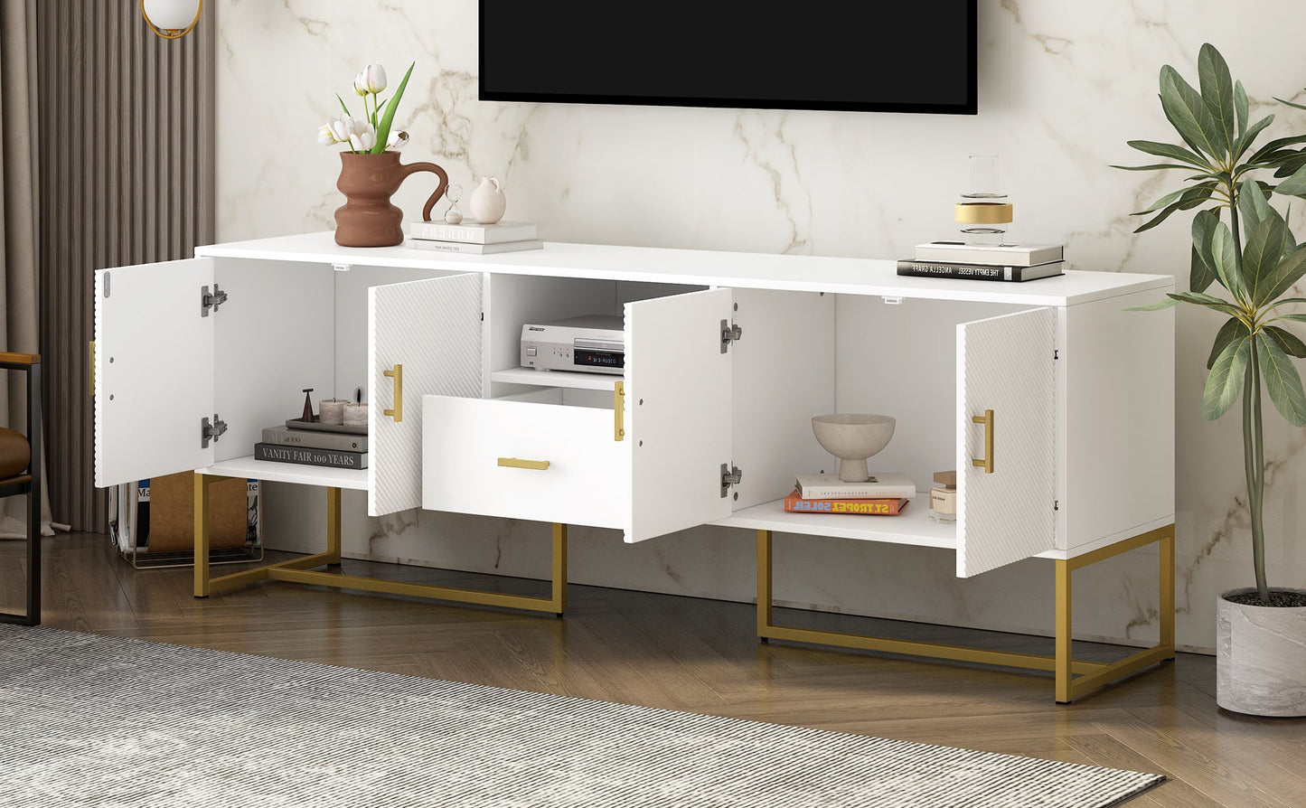 U-Can Modern TV Stand for TV up to 70 Inches,TV Cabinet with 1 Drawer, 2 Cabinets and Metal Legs, Handles and Anti-tip Device for Living room