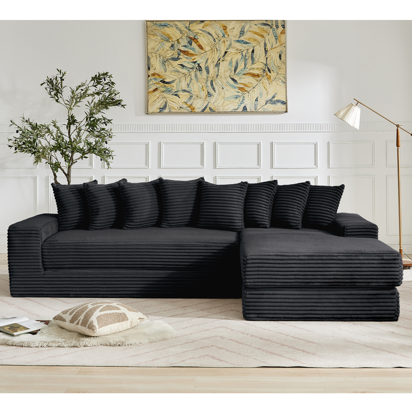 [NEW ARRIVED] [VIDEO PROVIDED] Oversize Cloud Sectional Couch, L-Shape Sofa, Convertible Floor Sleeper Sofa Bed, No Assembly,Eight pillows,3-in-1,Magazine bag,(Right Facing Sofa),3 Seat,Corduroy,Black